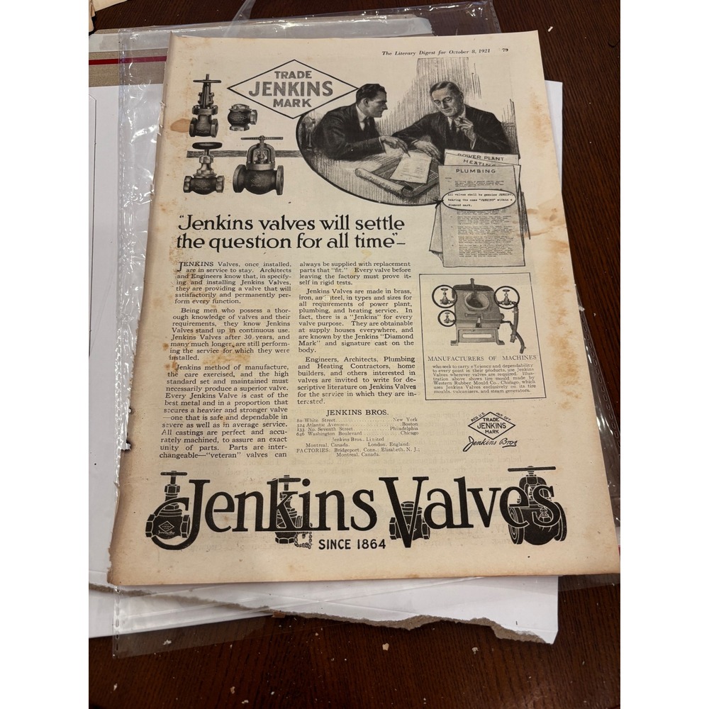 Vintage 1921 Jenkins Valves Print Ad NW Ayer Happiness Art Industrial Decor